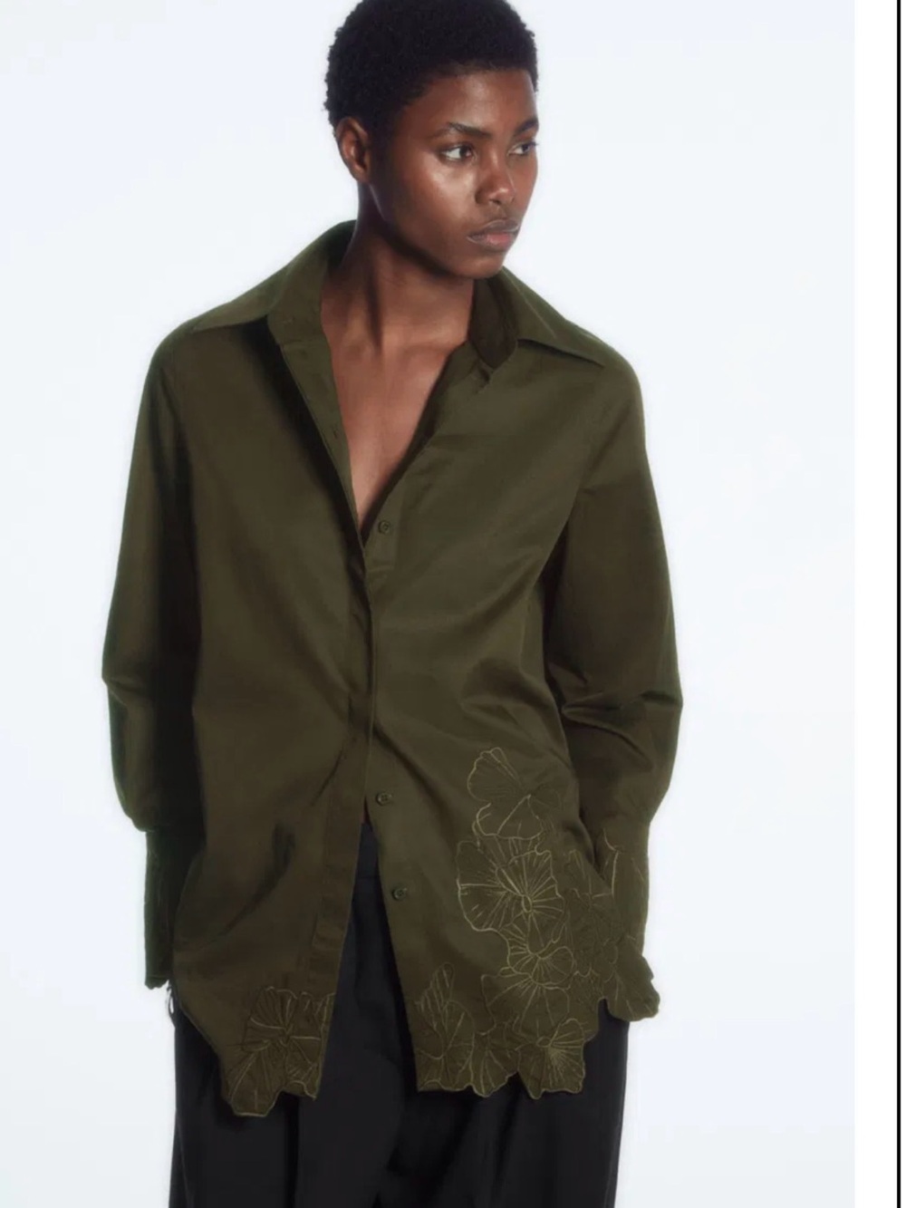 COS Olive Green Button-Down Shirt with Embroidered Hem